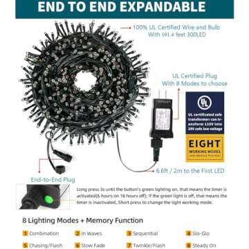 OUTYLTS Christmas String Lights End-to-End Plug 8 Modes 108FT 300 LED IP55 Outdoor Waterproof UL Cer...