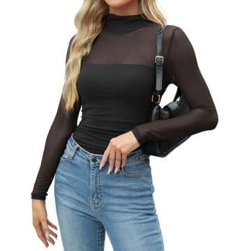 Zeagoo Women's Mock Turtle Neck Fitted Long Sleeve Tops Sheer Mesh Ruched Trendy Going Out Shirts Bl...