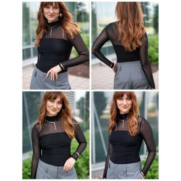 Zeagoo Women's Mock Turtle Neck Fitted Long Sleeve Tops Sheer Mesh Ruched Trendy Going Out Shirts Blouse Black