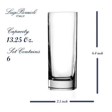 Luigi Bormioli Strauss Set of 6 Highball Glasses - Elegant Square Crystal 16.5 Oz.