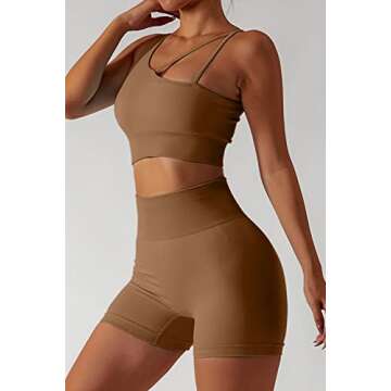 QINSEN Women 2 Piece Workout Outfits One Shoulder Sports Bra Seamless Butt Lifting Shorts Athletic Gym Activewear Set Brown S
