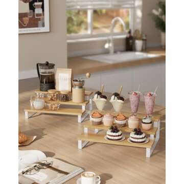 SONGMICS Display Risers, Set of 2 Engineered Wood Perfume Organizer Stand, 3-Tier Cupcake Stand Holder, Spice Rack, Shelf Risers for Figures, Dessert Shelves, Natural Beige and Cloud White UKCS016N02