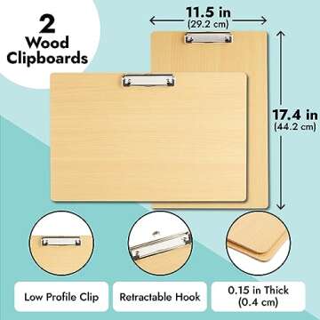 Paper Junkie 2-Pack Extra Large Legal Size Clipboards 11x17 with Low Profile Clip, Horizontal Wooden Lap Boards, Vertical Wood Clip Board for Drawing, Sketching, Art Classroom Office Supplies