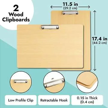 Paper Junkie 2-Pack Extra Large Legal Size Clipboards 11x17 with Low Profile Clip, Horizontal Wooden Lap Boards, Vertical Wood Clip Board for Drawing, Sketching, Art Classroom Office Supplies