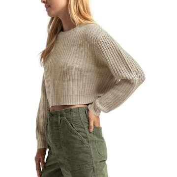 Jumppmile Women's Crop Sweater Knitted Crew Neck Long Sleeve Casual Loose Cropped Pullover Sweater T...