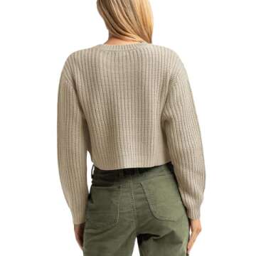 Jumppmile Women's Crop Sweater Knitted Crew Neck Long Sleeve Casual Loose Cropped Pullover Sweater Top Oatmeal L