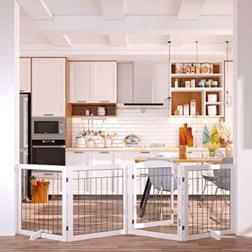 Vantas Folding Pet Gate 96" Wide, 30" Tall No-Assembly Wooden Dog Gate with Door Walk Through, Freestanding Wire Pet Gate, Pet Puppy Safety Fence, with 2PCS Support - White