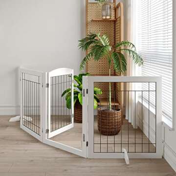 Vantas Folding Pet Gate 96" Wide, 30" Tall No-Assembly Wooden Dog Gate with Door Walk Through, Freestanding Wire Pet Gate, Pet Puppy Safety Fence, with 2PCS Support - White
