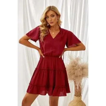 Dokotoo Womens Cute Spring Sexy Deep V Neck Ruffle Chiffon Lantern Short Sleeve Elegant Boho Bohemian Hawaiian Flowy Mini Short Skirt Dresses for Women Party Casual Summer 2025 Wine Large
