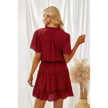 Dokotoo Womens Cute Spring Sexy Deep V Neck Ruffle Chiffon Lantern Short Sleeve Elegant Boho Bohemian Hawaiian Flowy Mini Short Skirt Dresses for Women Party Casual Summer 2025 Wine Large