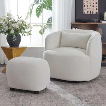 KINWELL Round Boucle Upholstered Ottoman Chair, Footstool with Soft Padded Seat, Fully Assembled Modern Sofa Couch Footrest, Extra Seating for Bedroom Entryway, Beige(18.5" D x 23" W x 16.5" H)