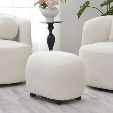 KINWELL Round Boucle Upholstered Ottoman Chair, Footstool with Soft Padded Seat, Fully Assembled Modern Sofa Couch Footrest, Extra Seating for Bedroom Entryway, Beige(18.5" D x 23" W x 16.5" H)