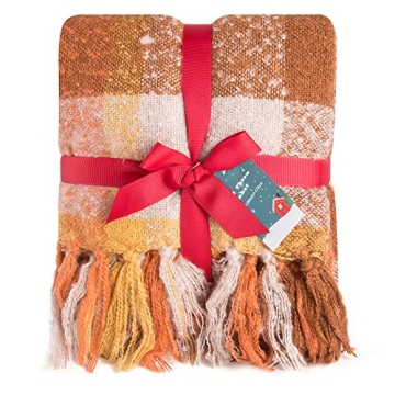 G Lake Orange Plaid Blanket Soft Reversible Fringed Throw