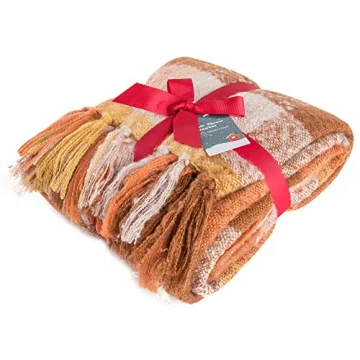 G Lake Orange Plaid Blanket Soft Reversible Fringed Throw