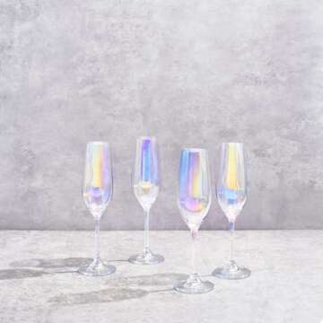 The Wine Savant Iridescent Glasses - Crystal Luster Radiance Set of 4 - Rainbow Colored Stemware Glassware, Durable Pearl Color Champagne Glasses, An Ethereal Shine (Tall Flutes)