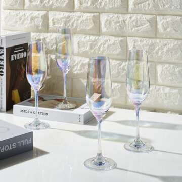 The Wine Savant Iridescent Glasses - Crystal Luster Radiance Set of 4 - Rainbow Colored Stemware Glassware, Durable Pearl Color Champagne Glasses, An Ethereal Shine (Tall Flutes)