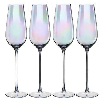The Wine Savant Iridescent Glasses - Crystal Luster Radiance Set of 4 - Rainbow Colored Stemware Glassware, Durable Pearl Color Champagne Glasses, An Ethereal Shine (Tall Flutes)