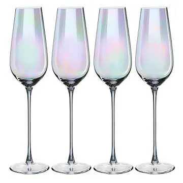 The Wine Savant Iridescent Glasses - Crystal Luster Radiance Set of 4 - Rainbow Colored Stemware Glassware, Durable Pearl Color Champagne Glasses, An Ethereal Shine (Tall Flutes)