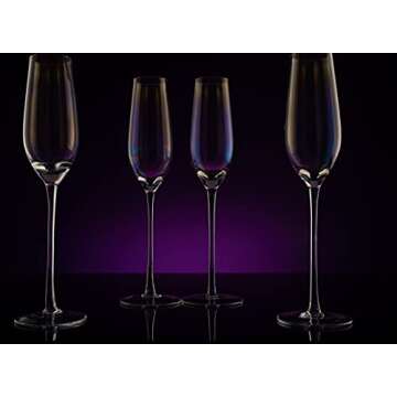 The Wine Savant Iridescent Glasses - Crystal Luster Radiance Set of 4 - Rainbow Colored Stemware Glassware, Durable Pearl Color Champagne Glasses, An Ethereal Shine (Tall Flutes)