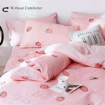 VM VOUGEMARKET Pink Strawberry Duvet Cover Queen Cute Teen Girls Kawaii Fruit Bedding Set with Zippe...