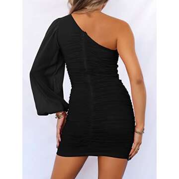 ANRABESS Women One Shoulder Ruched Bodycon Mini Dress Puff Long Sleeve Sexy Cocktail Party Formal Wedding Guest Short Dress Black Medium