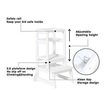SDADI LT05W Mother's Helper Adjustable Height Kitchen Step Stool, Children Kids Toddlers Counter Level Learning Stool for Kitchen and Bathroom, White