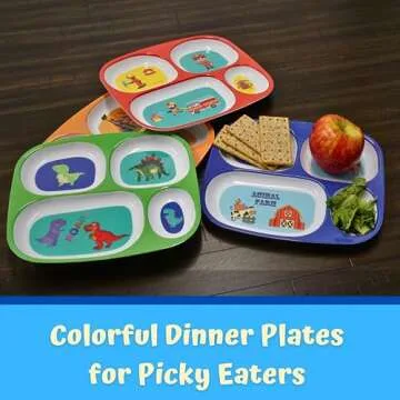4E's Novelty Set of 4 Melamine Dinner Plates for Kids Boys - Fun Divided Plates for Picky Eater Todd...