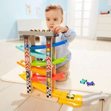 TOP BRIGHT Wooden Car Ramp Toy with 12 Colorful Cars