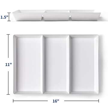 4 Pack, 16" x 11", 3-Section Large White Serving Trays Set - Reusable Plastic Serving Platters for P...
