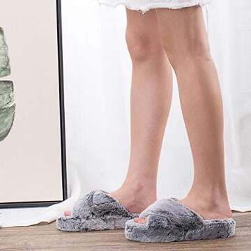 DL Fluffy Womens House Slippers Cross Band Open Toe, Soft Plush Fleece Bedroom Slippers Women Memory...