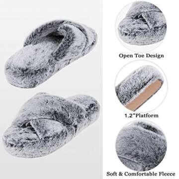 DL Fluffy Womens House Slippers Cross Band Open Toe, Soft Plush Fleece Bedroom Slippers Women Memory Foam, Comfy Fuzzy Slip On Non-Slip Womens Slippers Indoor Pink Gray Black White