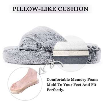 DL Fluffy Womens House Slippers Cross Band Open Toe, Soft Plush Fleece Bedroom Slippers Women Memory Foam, Comfy Fuzzy Slip On Non-Slip Womens Slippers Indoor Pink Gray Black White