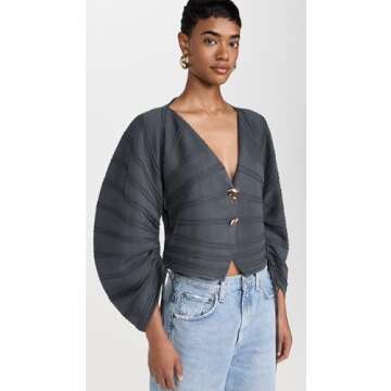 AMUR Women's Pebble Pleated Cardigan, Charcoal Cloud