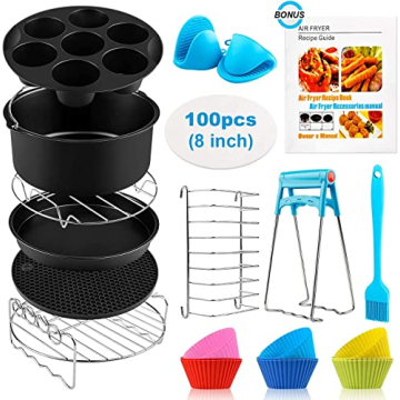 Air Fryer Accessories XL, 8 Inch Set Of 17 For Gowise USA Phillips Ninjia Cosori Cozyna 4.2QT 5.3QT 5.5QT 5.8QT Deep Air Fryer with Recipes Cookbook and 12 Silicone Muffin Cups Universal Accessories