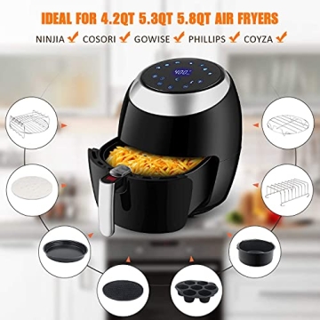 Air Fryer Accessories XL, 8 Inch Set Of 17 For Gowise USA Phillips Ninjia Cosori Cozyna 4.2QT 5.3QT 5.5QT 5.8QT Deep Air Fryer with Recipes Cookbook and 12 Silicone Muffin Cups Universal Accessories