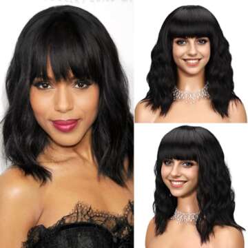forfeels Short Wavy Black Wig with Bangs Bob Short Charming Curly Wavy Wig Women Synthetic Natural L...