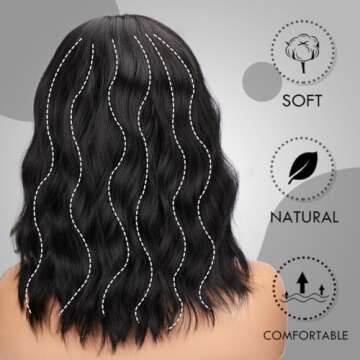 forfeels Short Wavy Black Wig with Bangs Bob Short Charming Curly Wavy Wig Women Synthetic Natural Looking Heat Resistant Fiber Hair for Women 14 inch