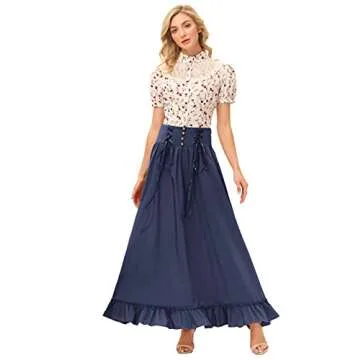 Women's Renaissance Long Maxi Skirt Button Front Edwardian High Waist Vintage Skirts Navy Blue L