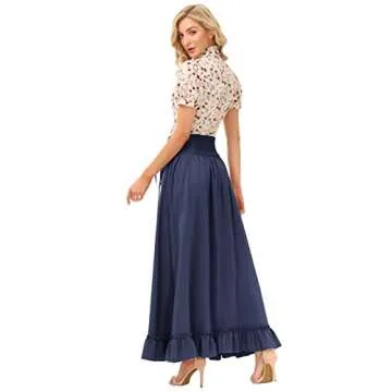 Women's Renaissance Long Maxi Skirt Button Front Edwardian High Waist Vintage Skirts Navy Blue L