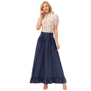 Women's Renaissance Long Maxi Skirt Button Front Edwardian High Waist Vintage Skirts Navy Blue L