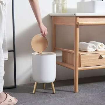 URALFA Small Trash Can with Lid, White Bathroom Garbage Can with Lid Office Trash Bin, Plastic Covered Trash Can with Push Button, Nordic Lidded Waste Basket for Kitchen, Bedroom, Living Room, 1.8 Gal