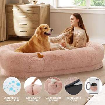 Bedsure Human Dog Bed for People Adults, Calming Human Size Giant Dog Bed Fits Pet Families with Memory Foam Supportive Mat and Storage Pocket, Fluffy Faux Fur Orthopedic Dog BeanBed, Pink