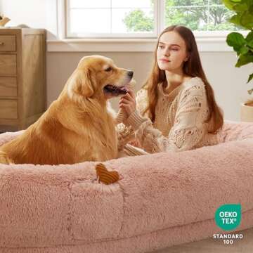 Bedsure Human Dog Bed for People Adults, Calming Human Size Giant Dog Bed Fits Pet Families with Memory Foam Supportive Mat and Storage Pocket, Fluffy Faux Fur Orthopedic Dog BeanBed, Pink