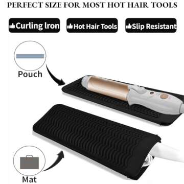 VOVOAN Hair Iron Mat Pouch, Heat Resistant Mat for Flat Iron and Curling Iron, Portable Travel Silicone Hair Straightener Mat and Cover for Hair Waving Iron and Hot Hair Styling Tools (Black)