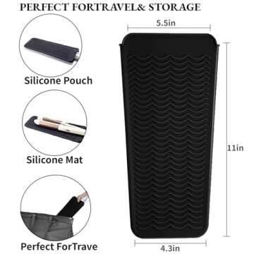 VOVOAN Hair Iron Mat Pouch, Heat Resistant Mat for Flat Iron and Curling Iron, Portable Travel Silicone Hair Straightener Mat and Cover for Hair Waving Iron and Hot Hair Styling Tools (Black)