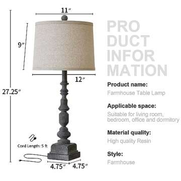 Oneach 27.75" Vintage Farmhouse USB A+C Table Lamps Set of 2 for Living Room Traditional Bedside Lam...