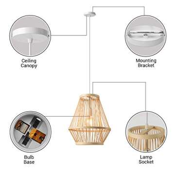BAYCHEER Retro Single Light Pendant Light Corridor Bamboo Lantern Ceiling Light Pendants Fixture Hanging Lighting with Shape Rattan for Teahouse Dining Room in Beige