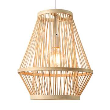 BAYCHEER Retro Single Light Pendant Light Corridor Bamboo Lantern Ceiling Light Pendants Fixture Hanging Lighting with Shape Rattan for Teahouse Dining Room in Beige