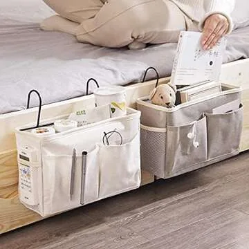 KonHaovF 2Pack Bedside Organizer Caddy Hanging with Hook, Bed Storage Pocket for Dorm Kids Room Top Bunk Bed Loft Bed, Bedside Storage for Phone Remote Control Laptop Books (White)