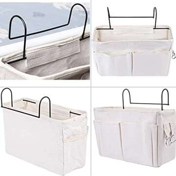 KonHaovF 2Pack Bedside Organizer Caddy Hanging with Hook, Bed Storage Pocket for Dorm Kids Room Top Bunk Bed Loft Bed, Bedside Storage for Phone Remote Control Laptop Books (White)